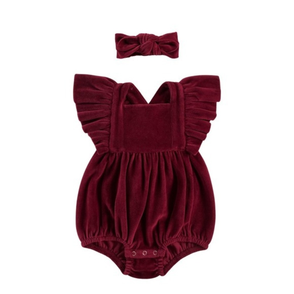 NWT Kate Quinn Velvet Ruffle Strap Bubble Romper w/ Headband Redwood 18-24 month
